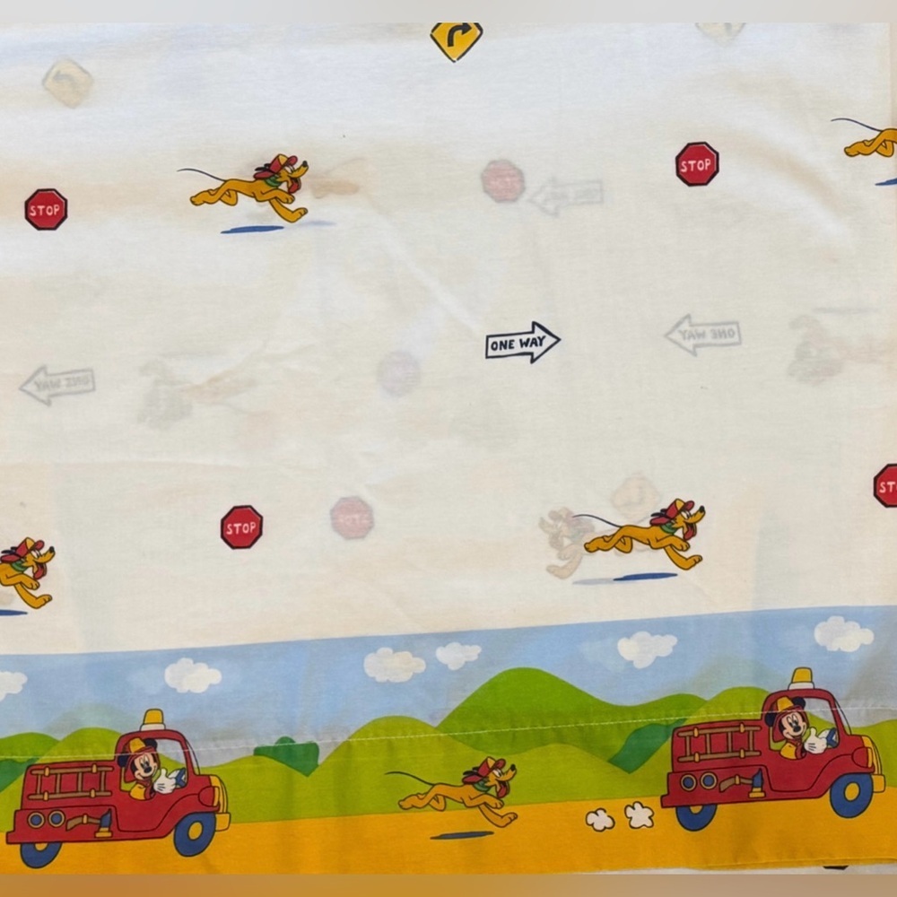 Vintage Mickey Pluto Twin Flat Sheet Firetruck Border